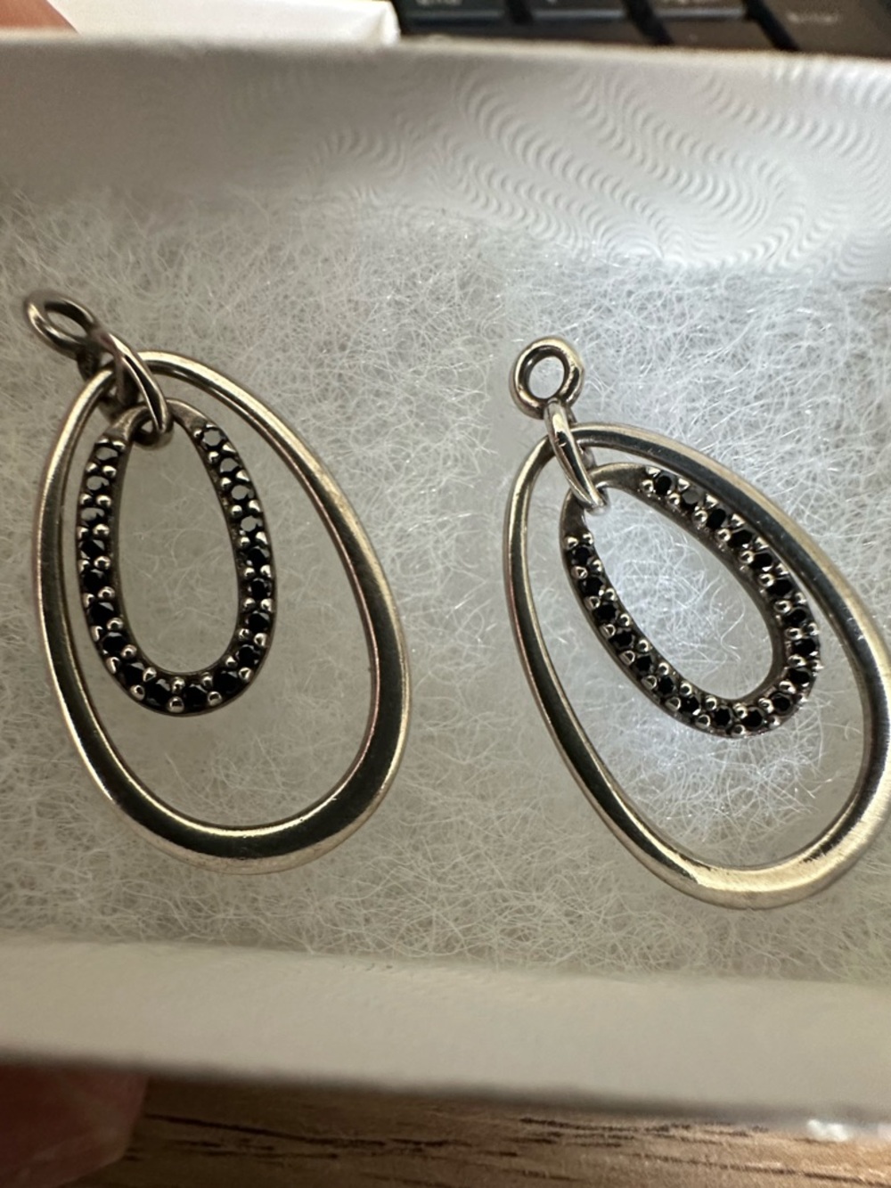 Pandora Compose Silver Double Teardrop Earrings with Black Accents